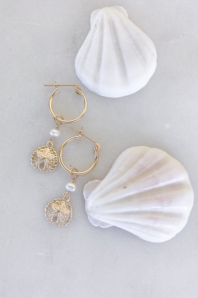 Sand Dollar Pearl Click Hoops - Gold Fill