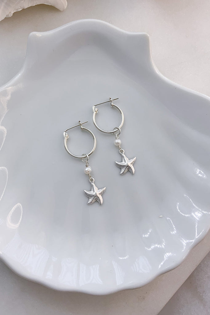 Starfish Pearl Click Hoops - Sterling Silver